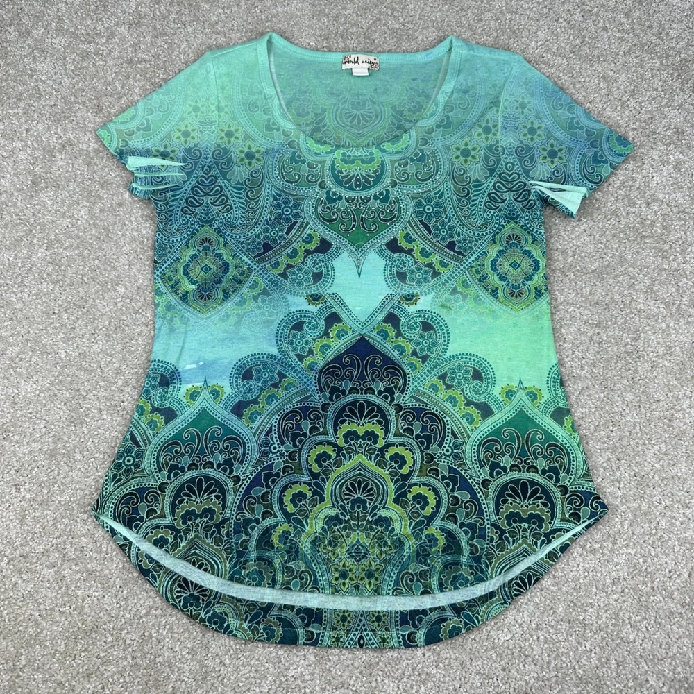 World Unity Paisley Mandala Ombre Rhinestone Boho Cutout Top Green Medium M - Picture 2 of 7